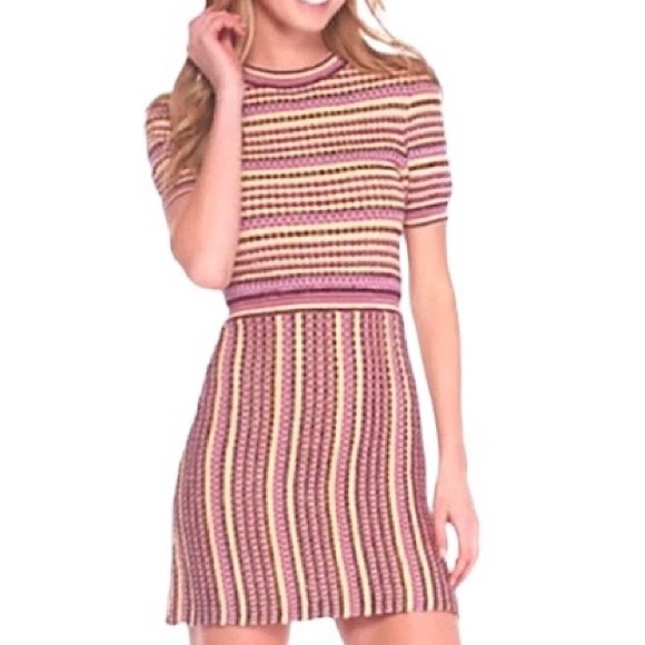 Free People Retro Cool Knit Mini Dress Large 12 Slight Shimmer Crew Neck Pink - Picture 4 of 15